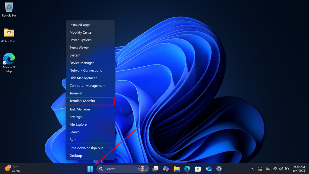 Recycle Bin
Installed apps
Mobility Center
YE_Applicat ...
Power Options
Event Viewer
System
7
Device Manager
Microsoft
Edge
Network Connections
Disk Management
Computer Management
Terminal
Terminal (Admin)
Task Manager
Settings
File Explorer
Search
Run
Shut down or sign out
Desktop
4
73ºF
9:59 AM
Q
Search
V.
O
1
Sunny
M365
8/4/2025