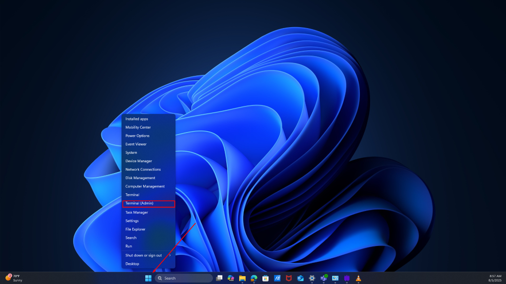 Installed apps
Mobility Center
Power Options
Event Viewer
System
Device Manager
Network Connections
Disk Management
Computer Management
Terminal
Terminal (Admin)
ask Manager
Settings
File Explorer
Search
Run
Shut down or sign out
Desktop
8:57 AM
2
70ºF
Q Search
M
8/5/2025
Sunny